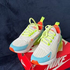 Nike Kids Lightweight Sneakers in White, Blue & Neon Yellow with Orange Accents